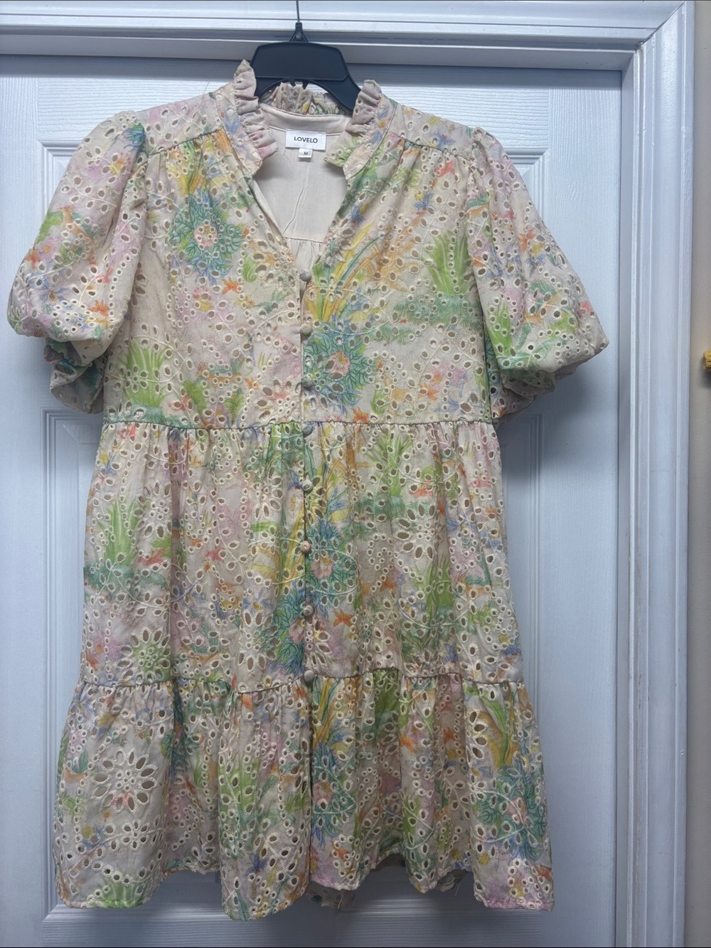 Lovelo Eyelet Lined Floral Tiered Puff Sleeve Ruffle Collar Pastel Floral DressM